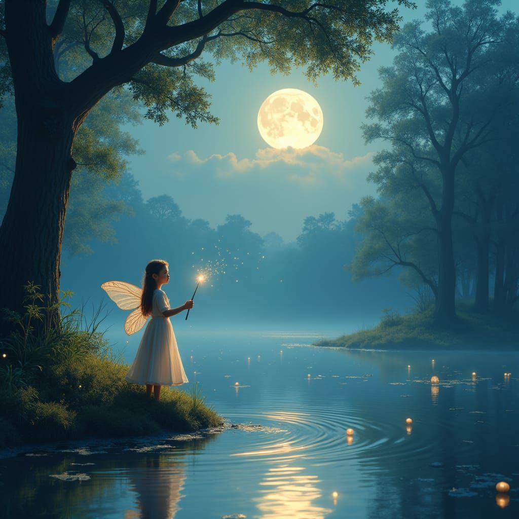 Enchanted Forest Scene with Fairy and Lake