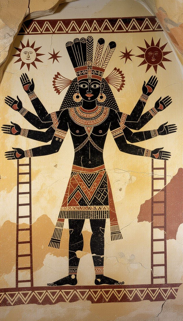 Monochromatic Ancient Cave Art of Multi-Armed Figure