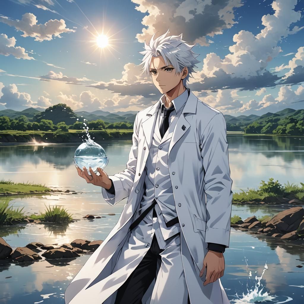 Anime-Style Water Bender on a River Shore