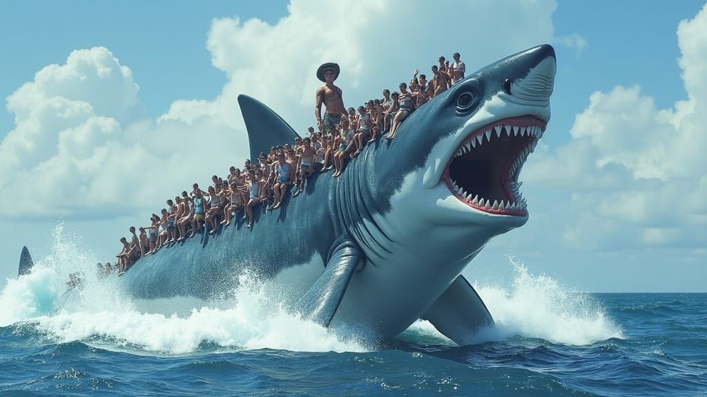 Gigantic Megalodon Breaches Ocean with Whimsical Crowd