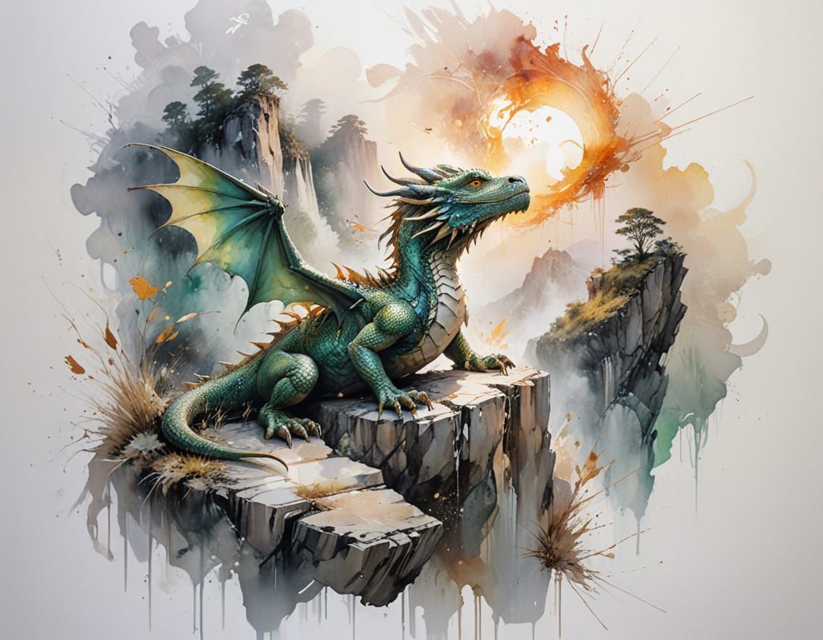 Emerald Dragon Resting Above Misty Valley in Watercolor Styl...