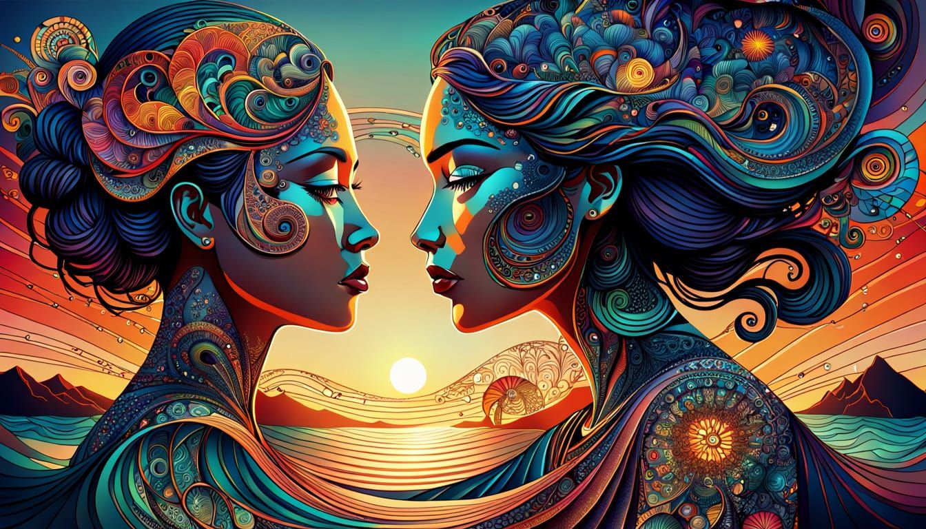 Woman and Girl at Sunset in Art Brut Style