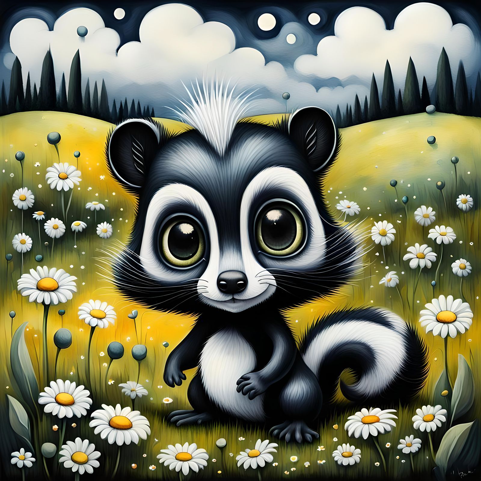 Chibi Skunk in Surrealist Field, Digital Art