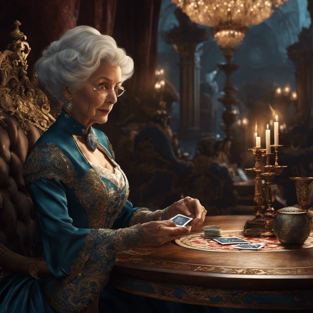 Elderly Lady Playing Cards in Rococo Style