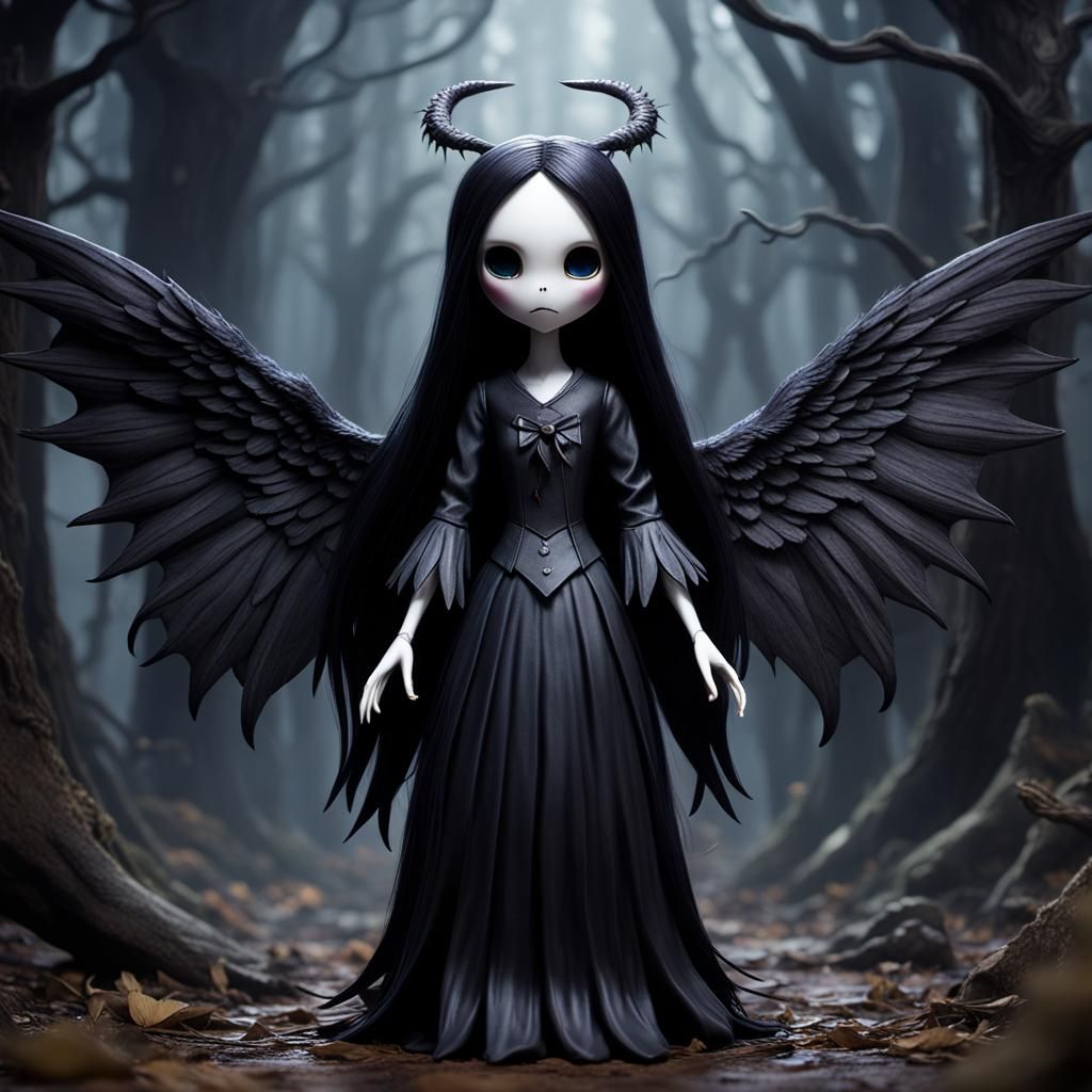 Demonic Porcelain Doll with Black Wings
