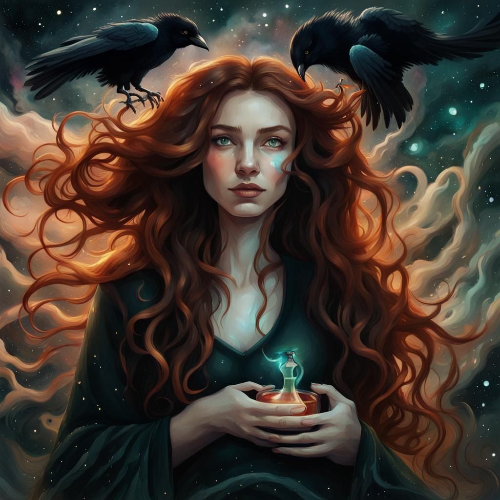 Priestess with Ravens Soaring in Galaxy: Watercolor Art