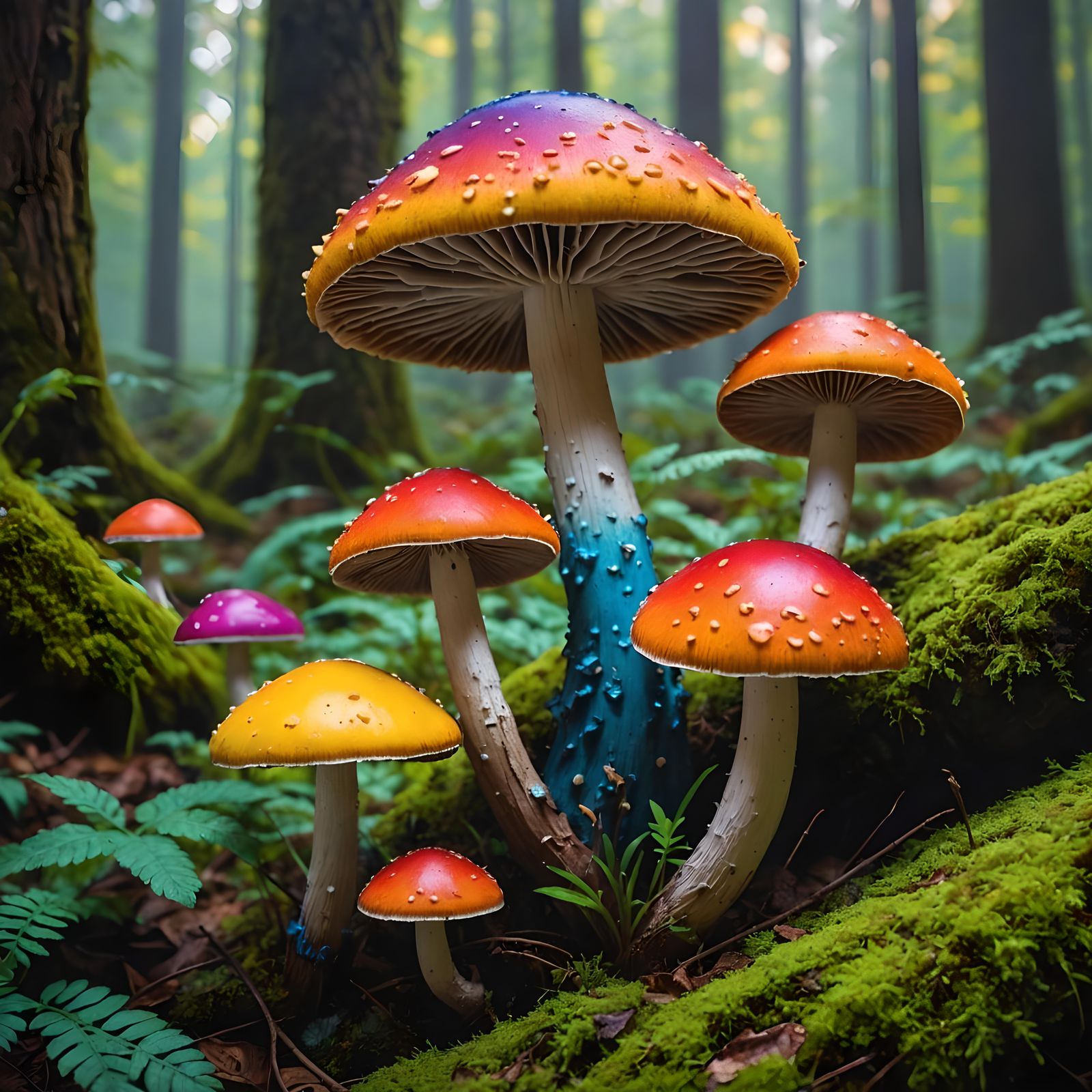 Colorful Mushrooms in Forest: Hyperrealistic Splash Art