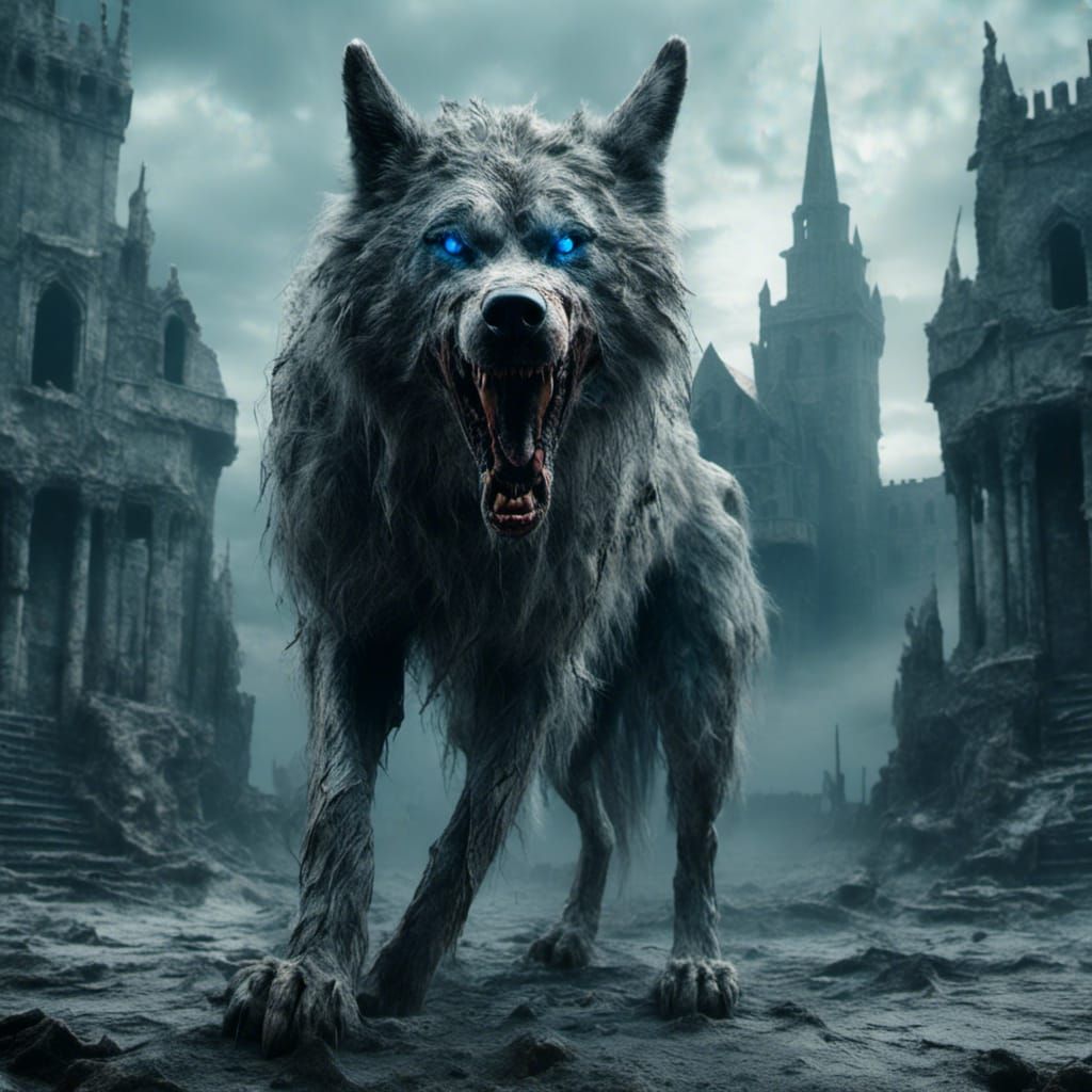 Bipedal Dire Wolf with Blue Eyes and Castle Keep