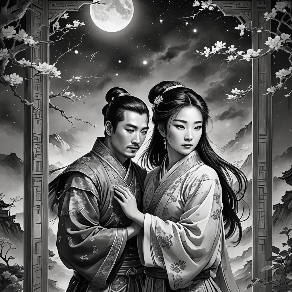 Chinese Novel Illustration: Hero and Heroine Embrace