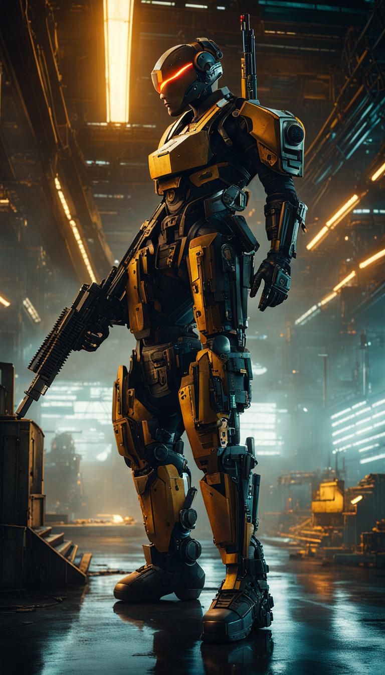 Steel Cyborg Warrior in Industrial Interior