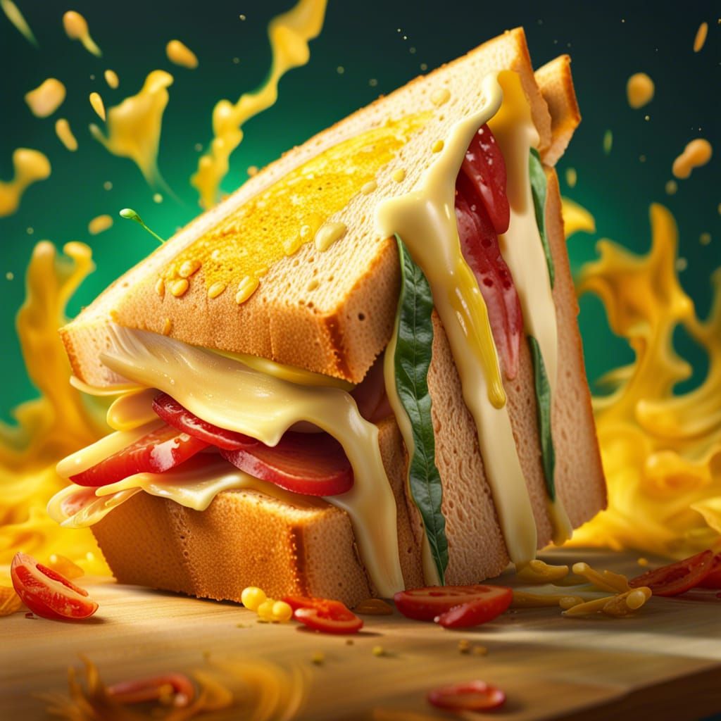 Hyperrealistic Jarlsberg Cheese Sandwich Splash Art