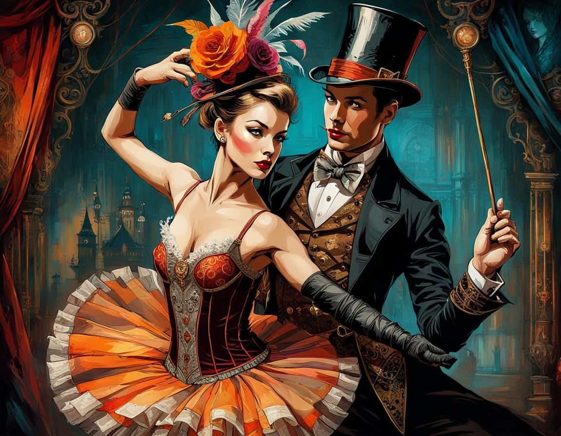 Steampunk Circus: Ballerina and Magician in Textile Art Styl...