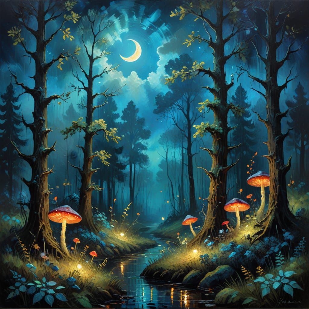 Mystical Nocturnal Forest in Vibrant Impasto Style