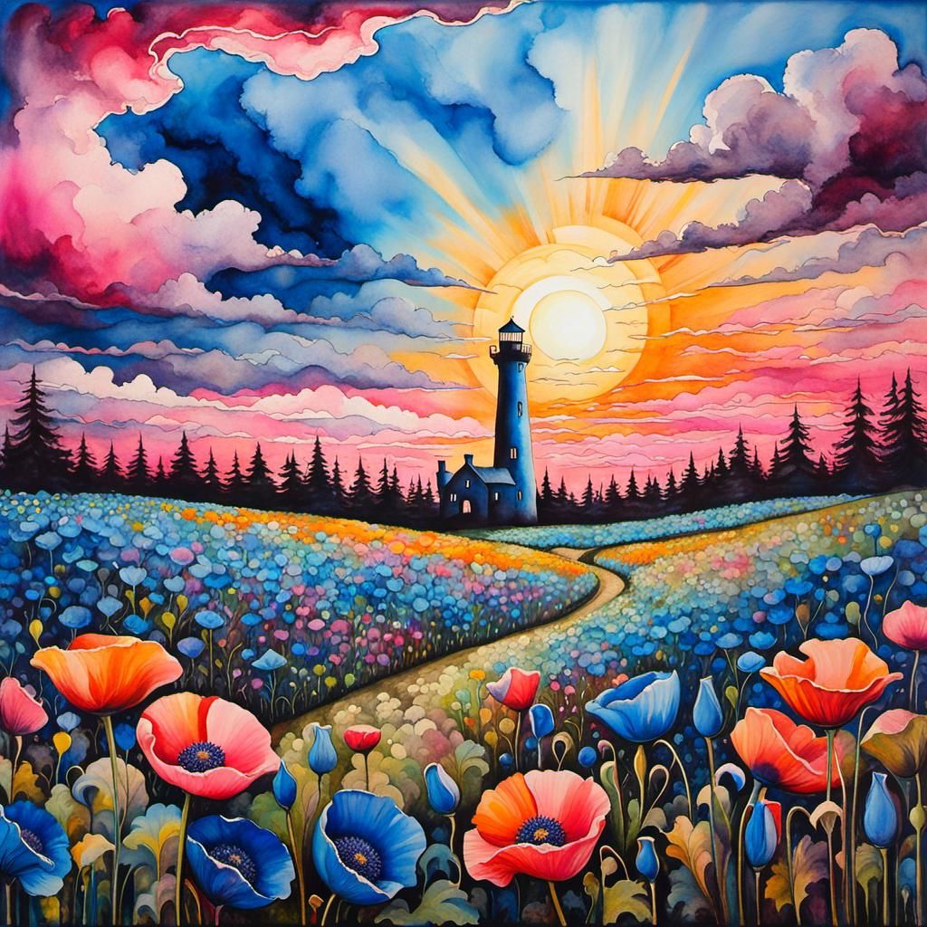 Blue Poppy Field with Tower in Romantic Naturalism Style