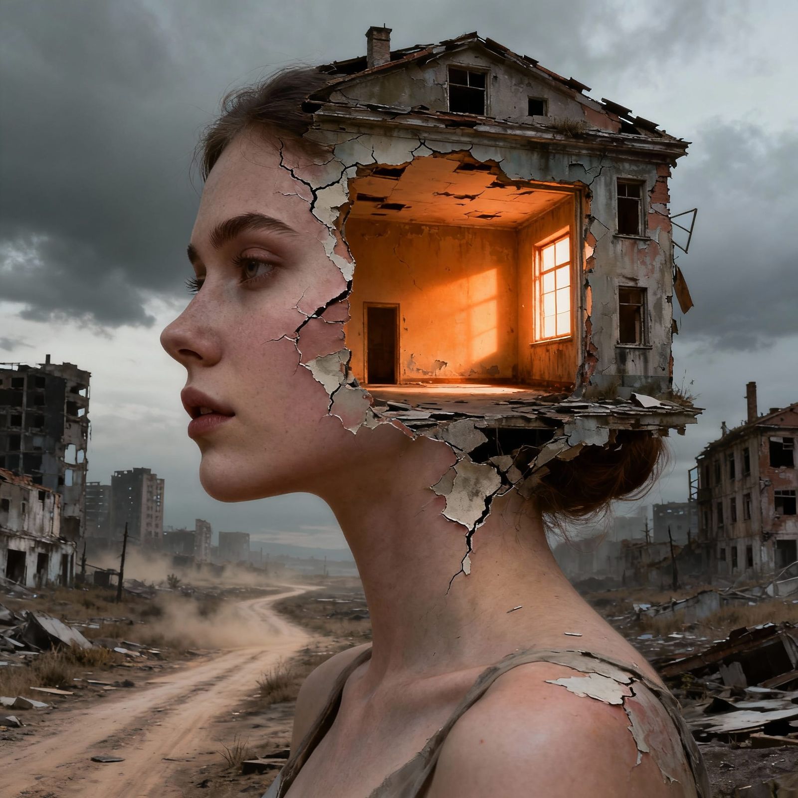 Surreal Woman's Head as Crumbling Building in Dystopian City...