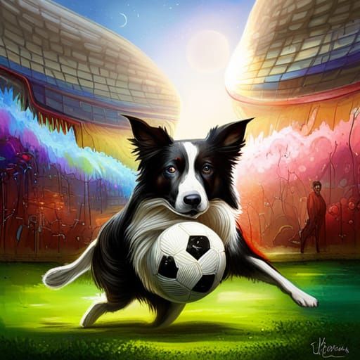 Rainbow Border Collie Graffiti Art on Soccer Field