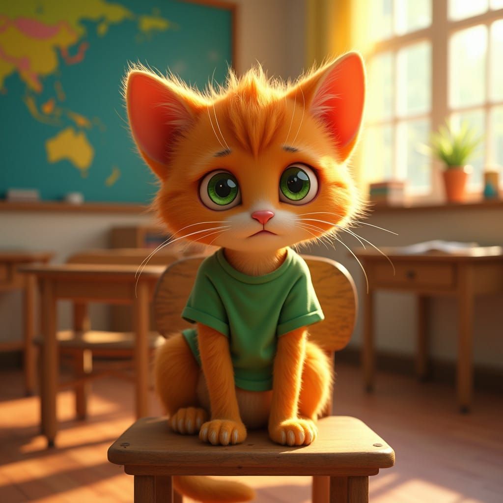 Whimsical Orange Kitten in Classroom Wonderland