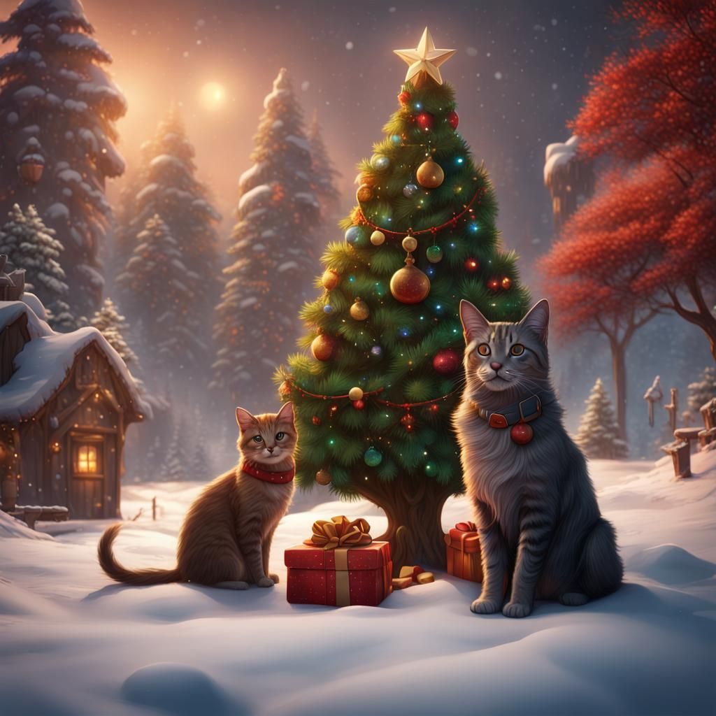 Dog and Cat Enjoying Christmas by Fireplace