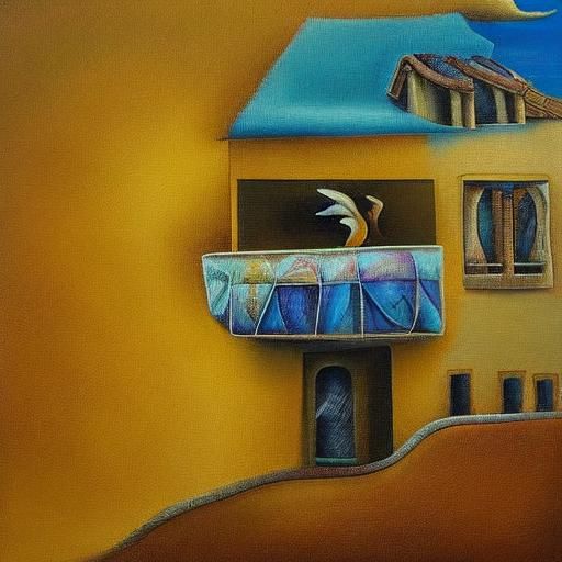 Person Hugging House in Surrealist Oil Painting