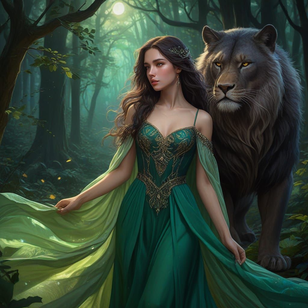 Majestic Beast in Enchanted Forest with Woman