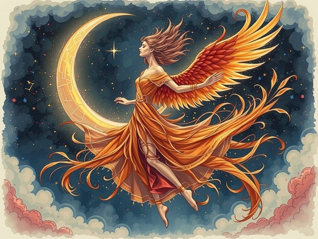 Serene Dancer Rises with Fiery Phoenix