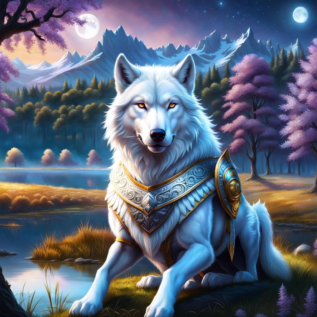Fantasy King Wolf with Silver Crown in Dreamy Meadow