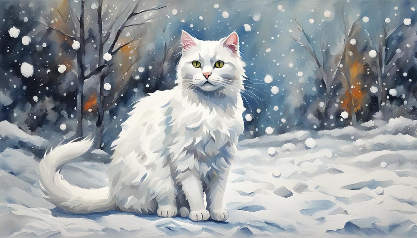 White Cat in Snowstorm: Gouache Impressionist Painting