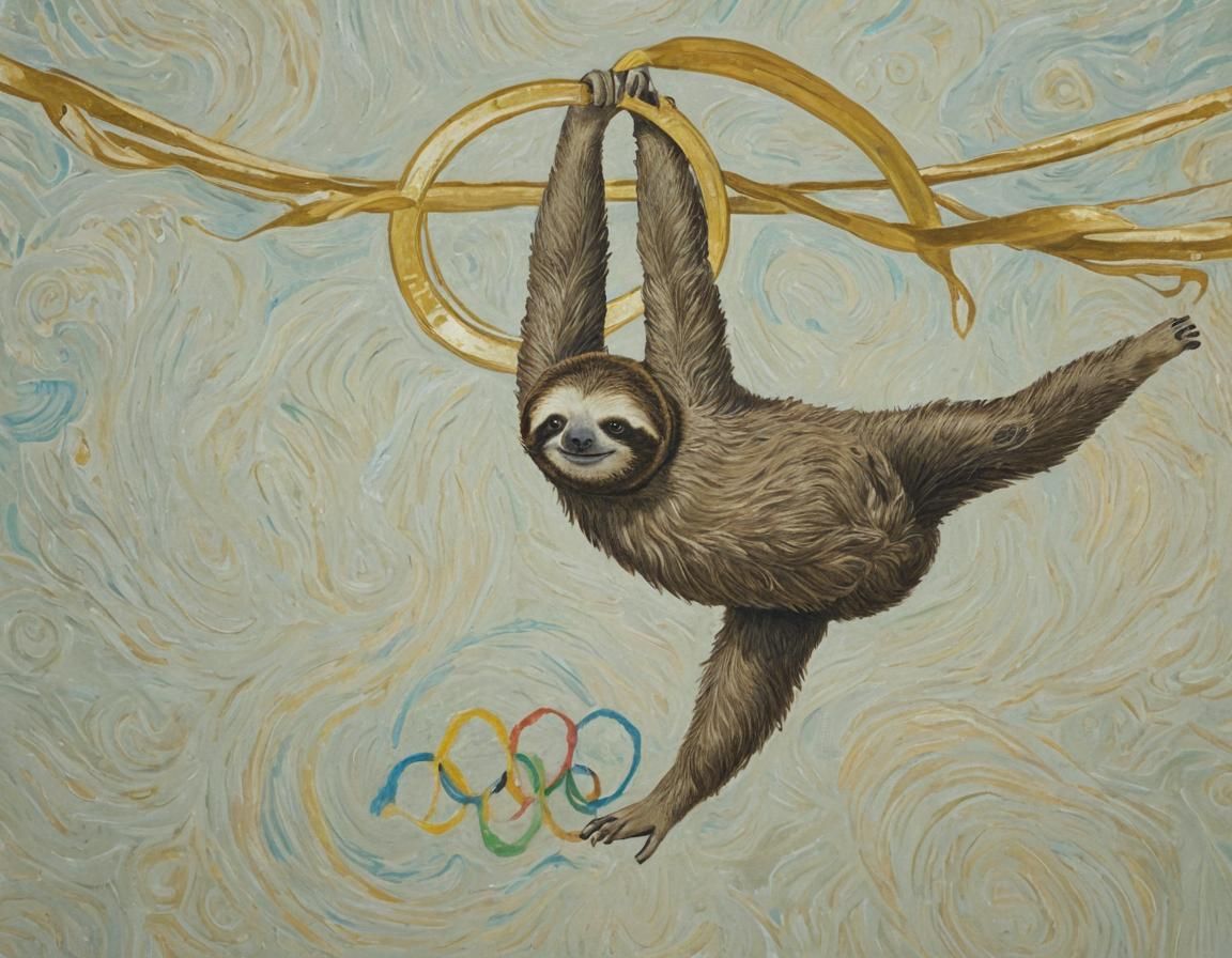 Sloth Tumbling in Paris: Trompe-l'œil Gouache Painting