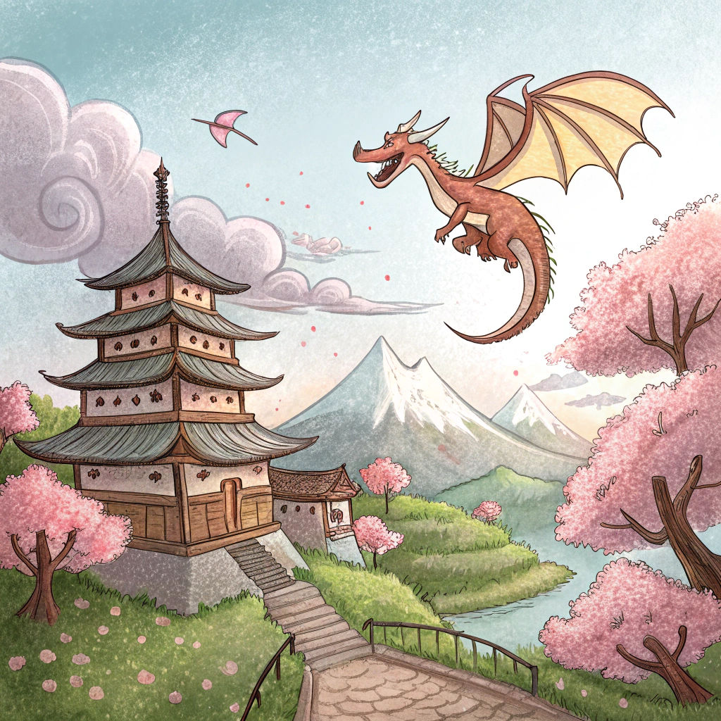 Japanese Fantasy Landscape with Flying Dragon Doodle