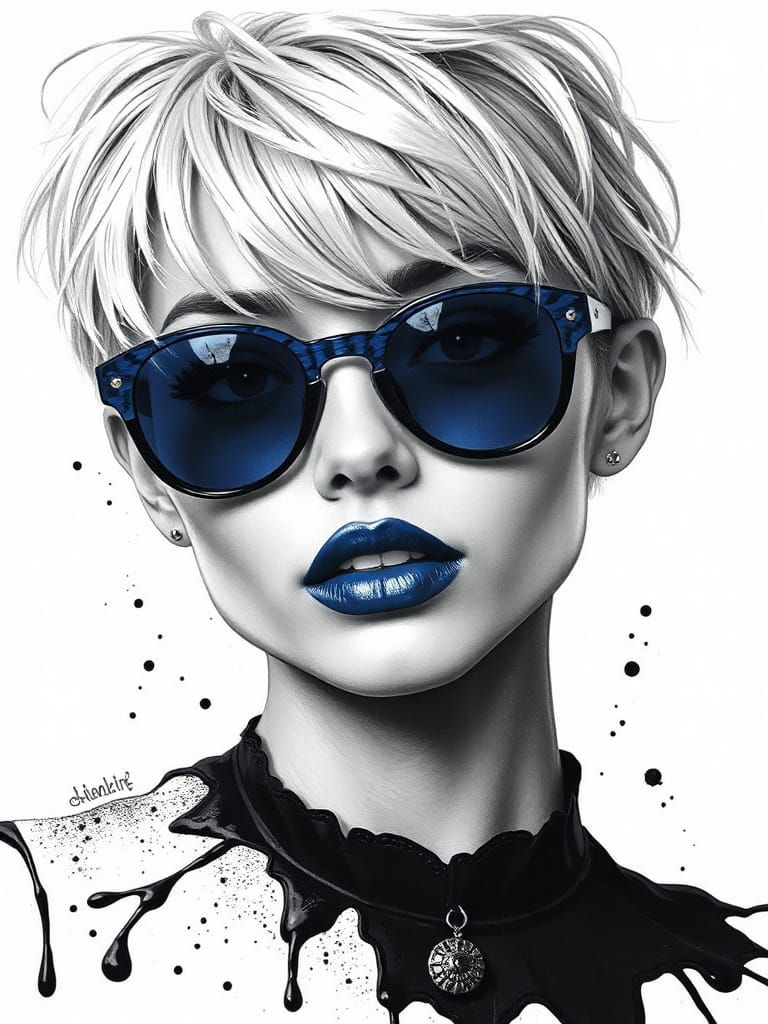 Gothic Albino Woman Portrait with Dark Blue Lips