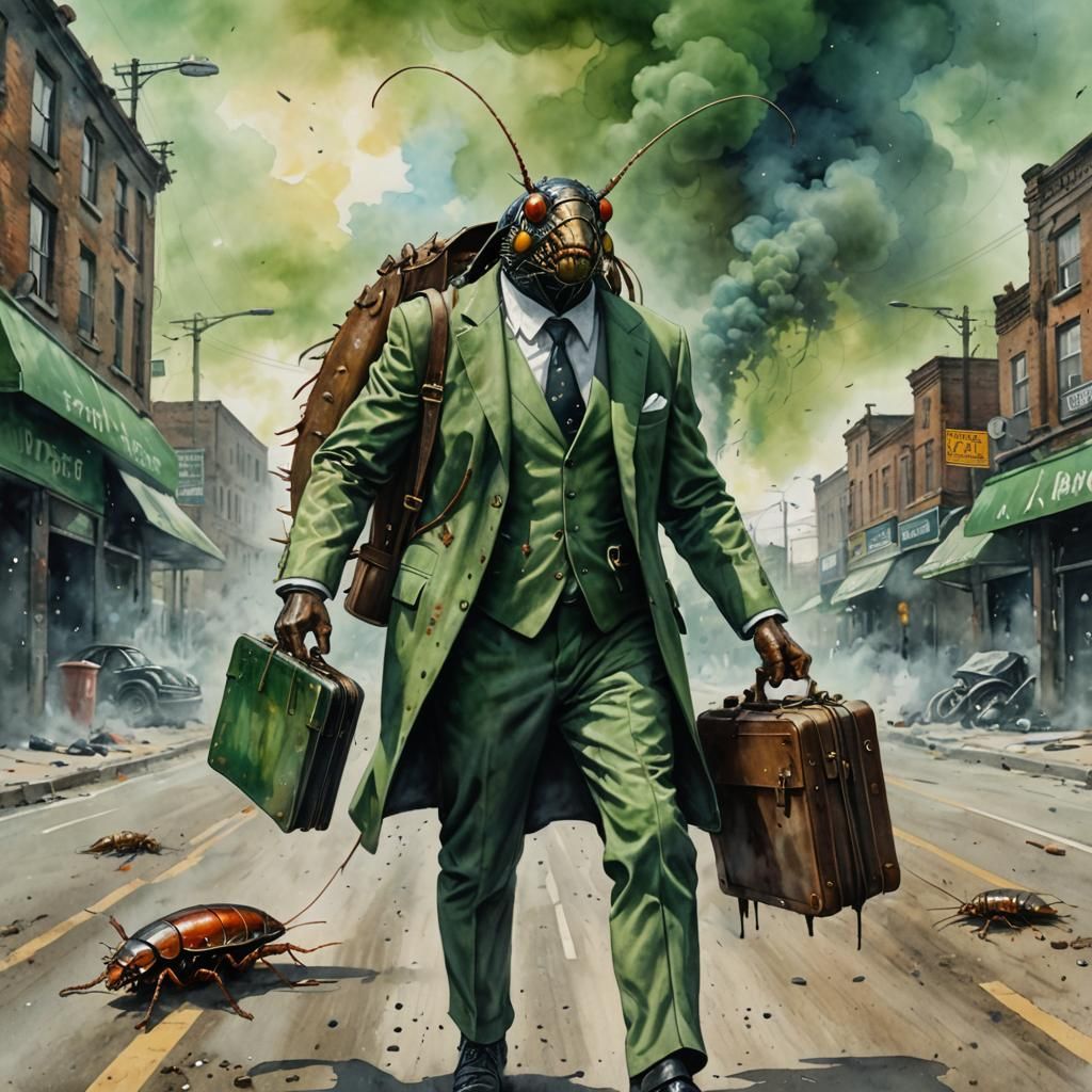 Cockroach Gentleman in Dystopian Watercolour Landscape