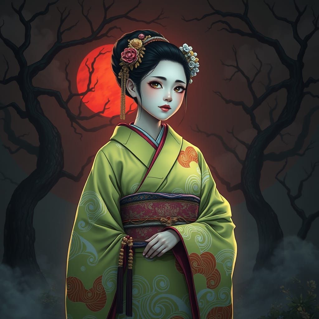 Maiko in Chartreuse Kimono in Neon Noir Style