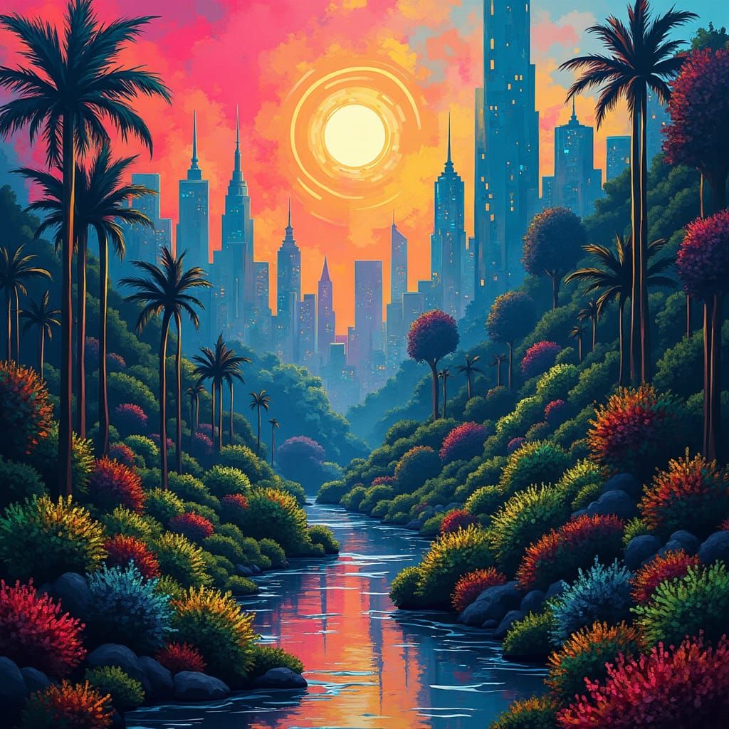 Futuristic Cityscape Merges with Forest in Fauvist Geometric...