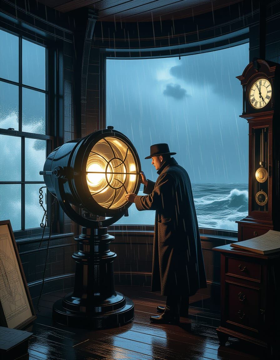 Lighthouse Keeper Tends Lamp in Stormy Tower