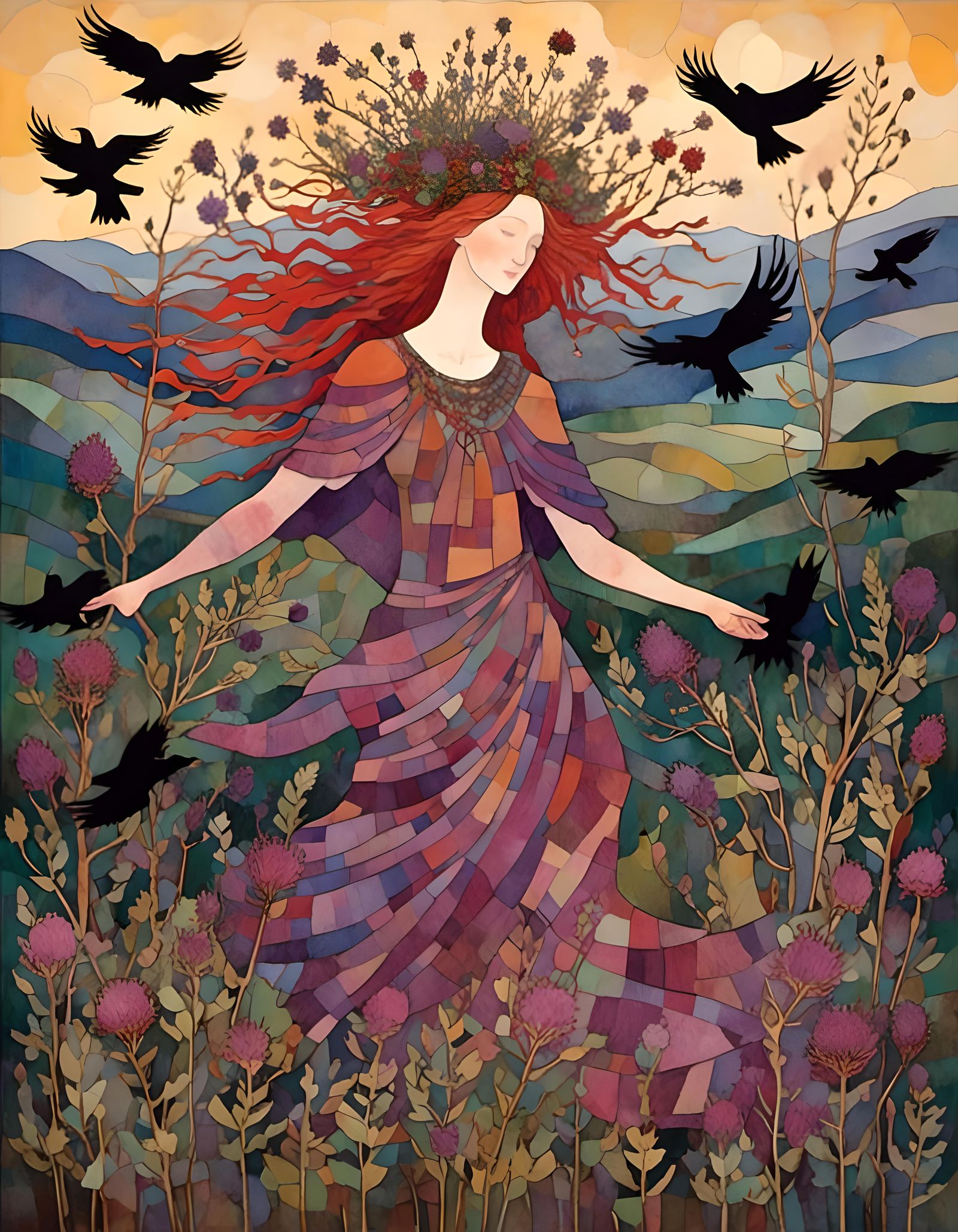 Pagan Maiden in Forest with Ravens