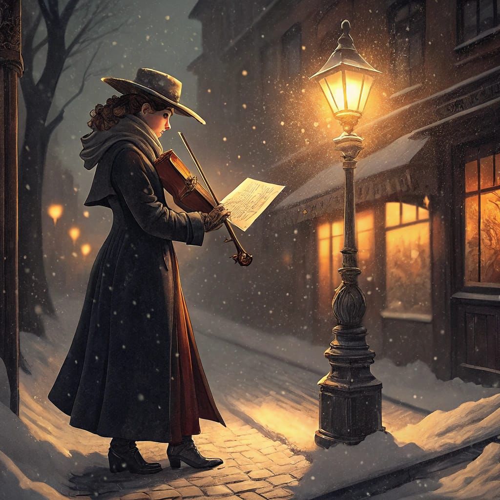 Romantic Street Scene with Violinist under Vintage Street La...