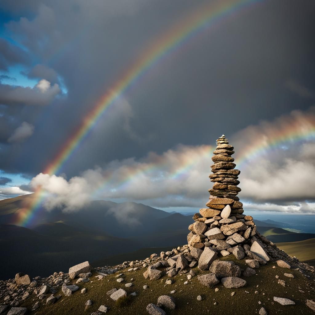 Cairn on Mountain Top Under Rainbow