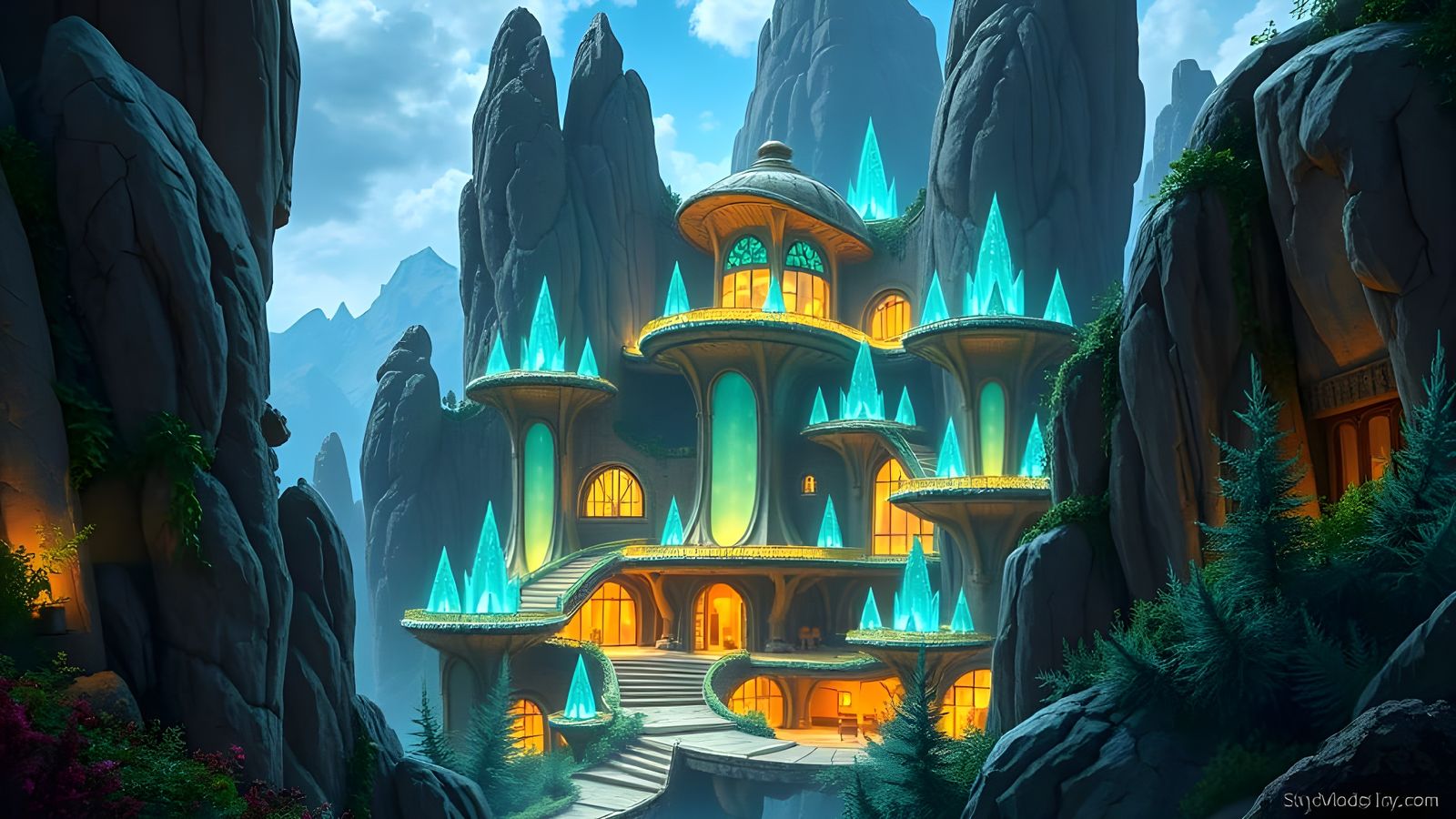 Bioluminescent Sci-Fi Architecture in Isekai Anime Style