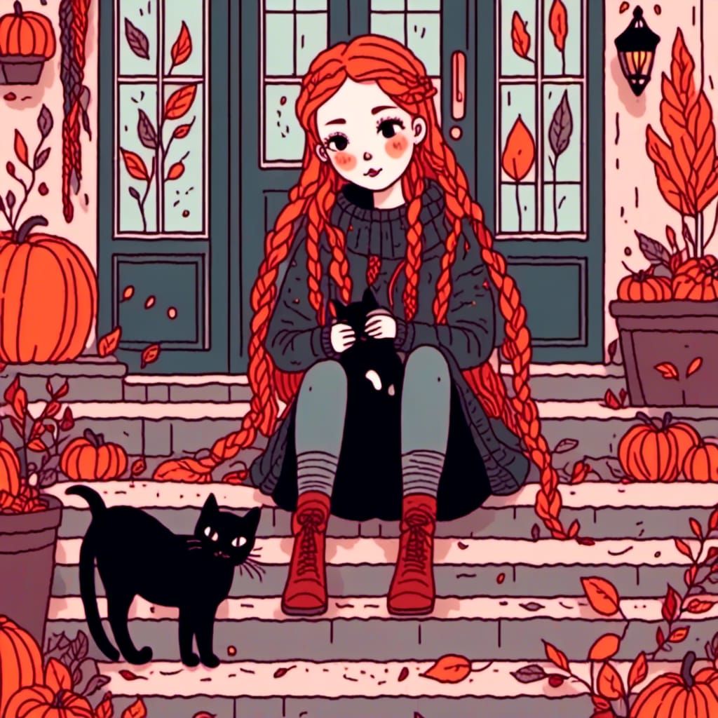 Red-Haired Girl with Cat: Autumn Art Brut Scene