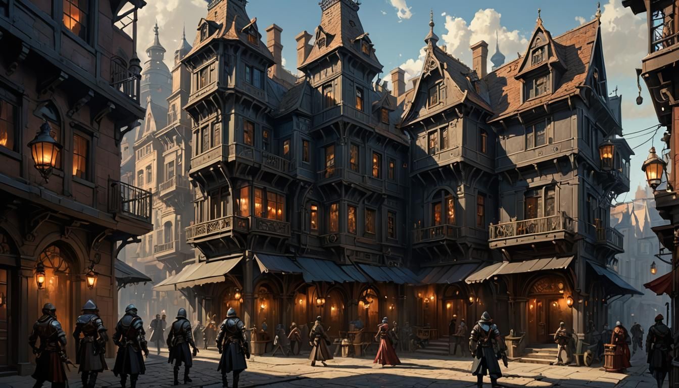 Dark Fantasy Cityscape with Steam-Powered Mechanisms