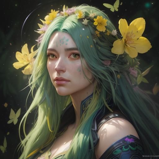 Green-Haired Girl with Butterflies in Starry Forest