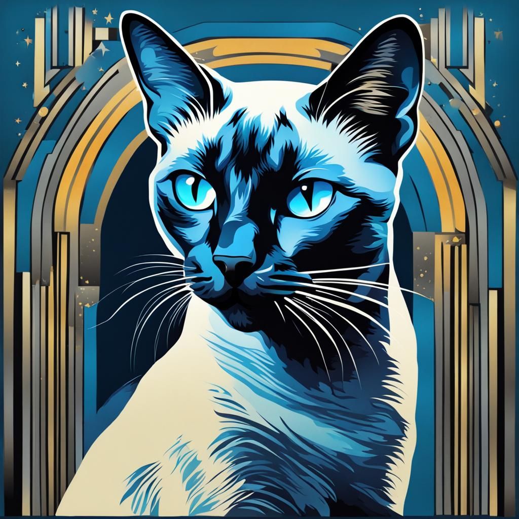 Art Deco Siamese Cat in Blue Tones