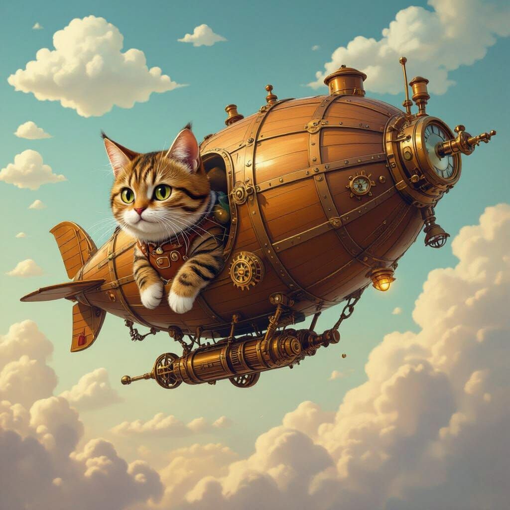 Steampunk Cat Airship with Clockwork Clouds