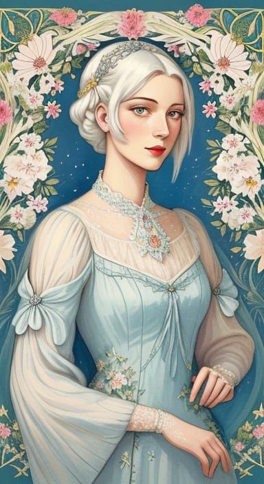 Elegant 1920s Lady Amongst Flowers and Stars in Gouache