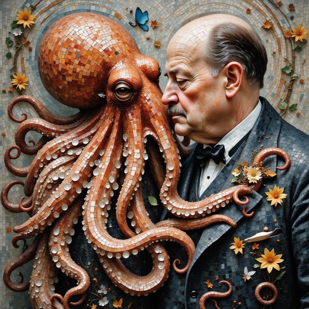 Octopus Embracing Winston Churchill in Mosaic Style