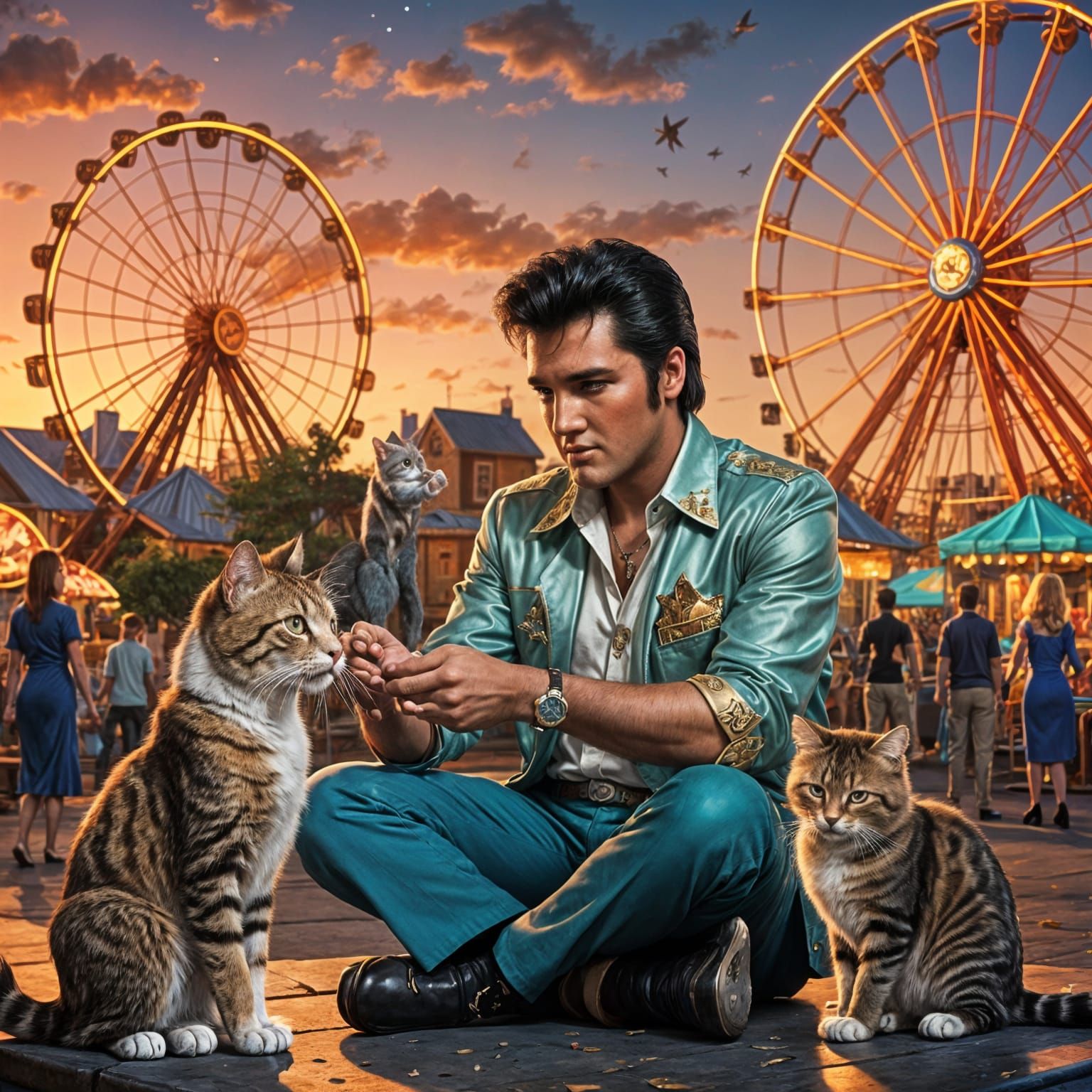 Elvis and Ann Margret Cat in Dreamlike Scene