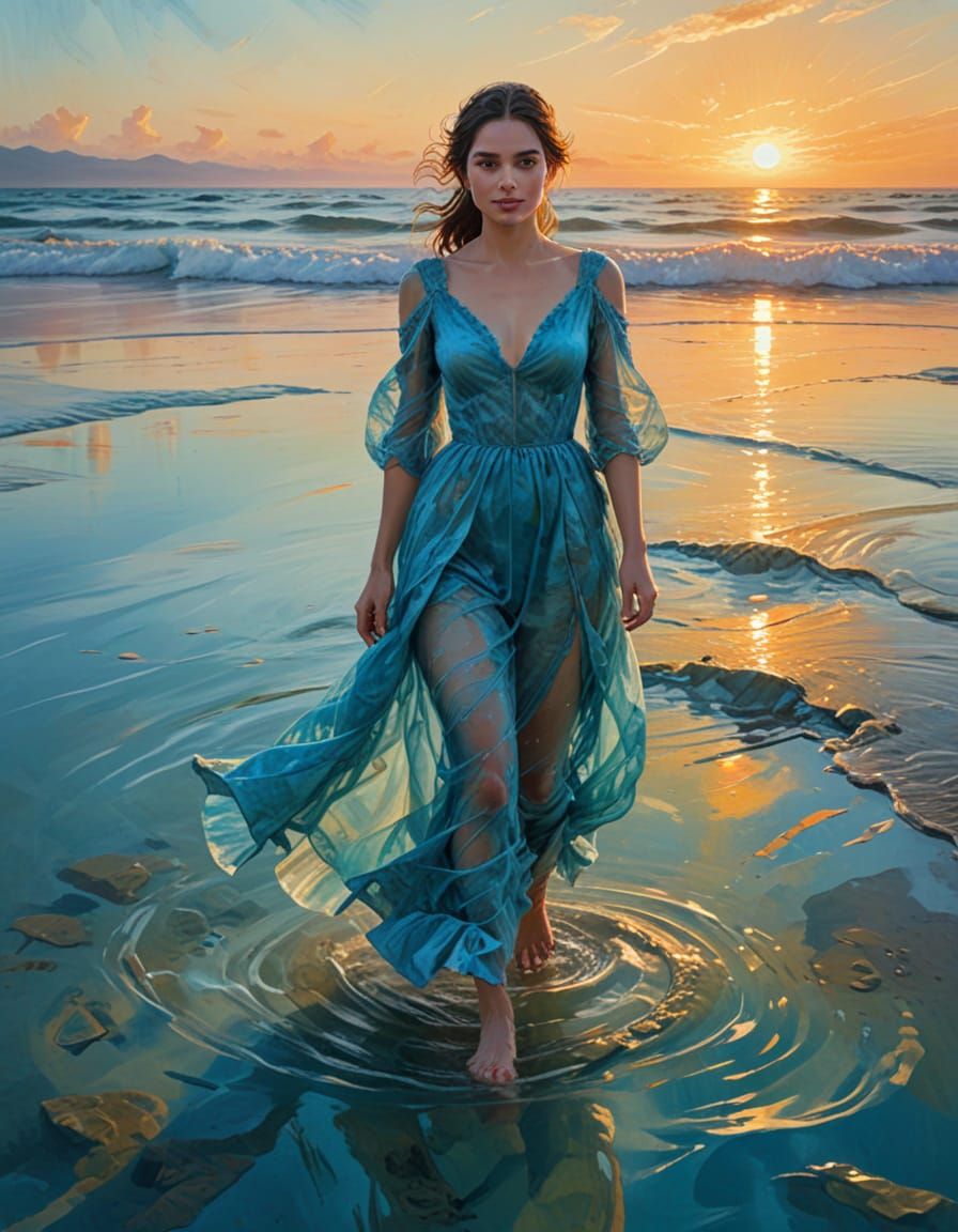 Ethereal Woman Walking in Lagoon: Velazquez-Style Oil Painti...