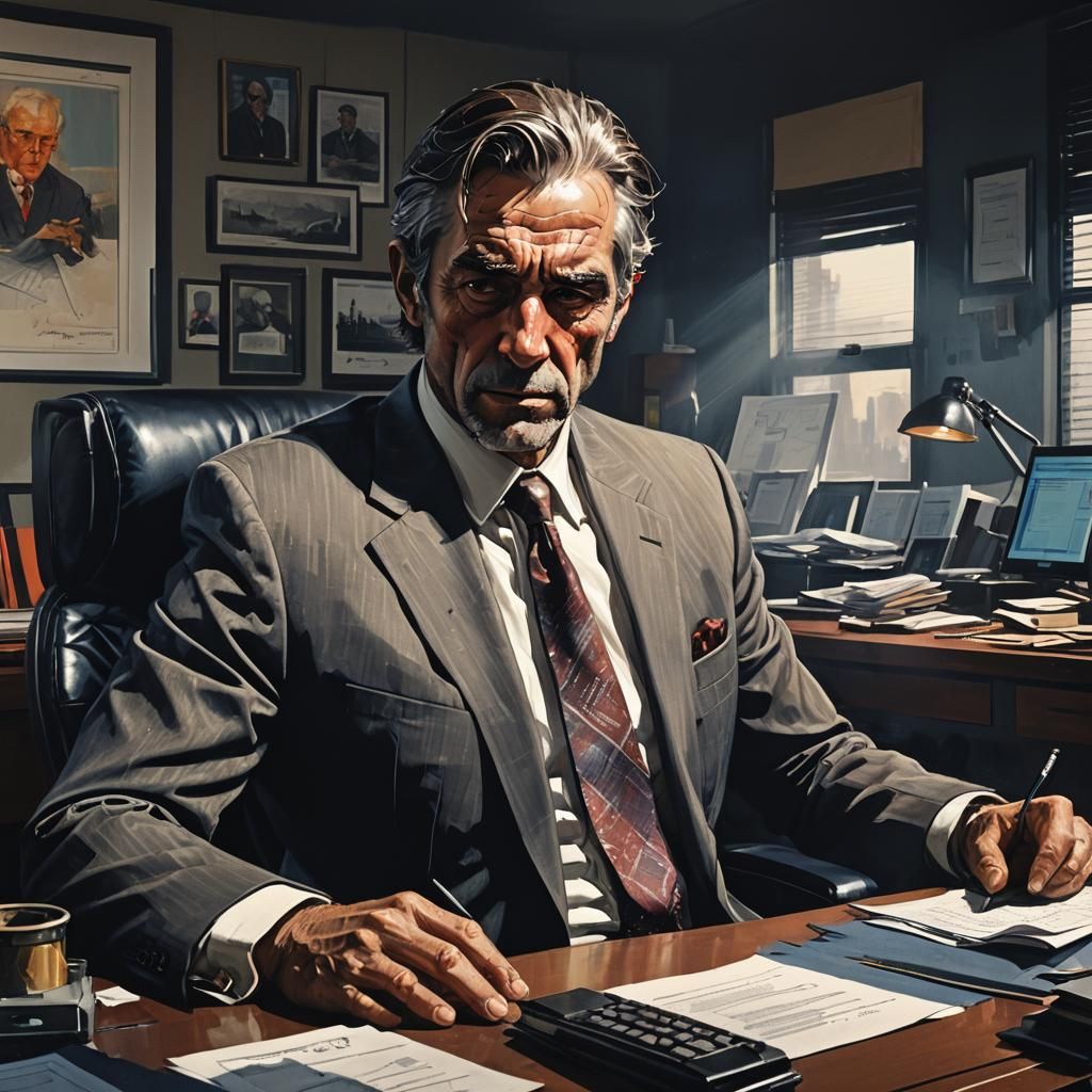 Worn-Out Businessman in Office: Hyper-Realistic Concept Art