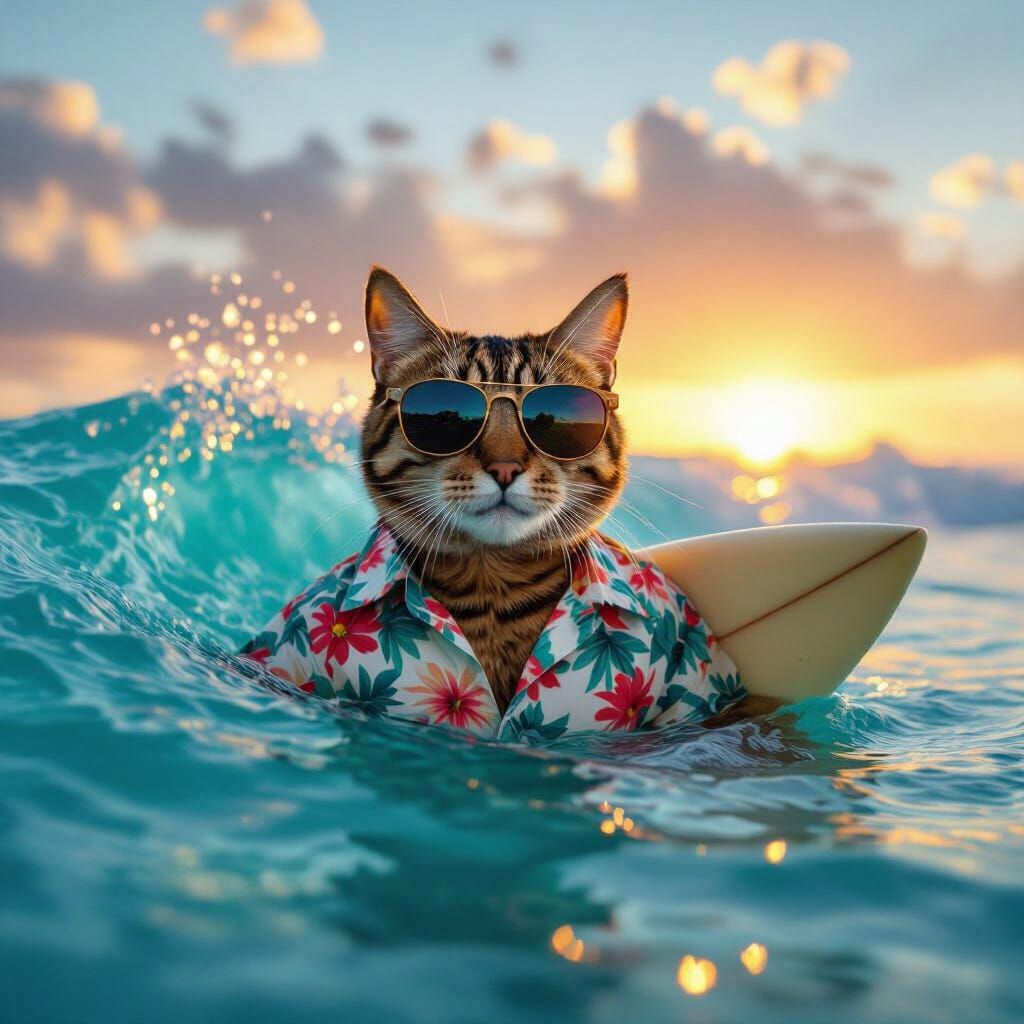 Hyperrealistic Tabby Cat Surfer on Hawaiian Beach