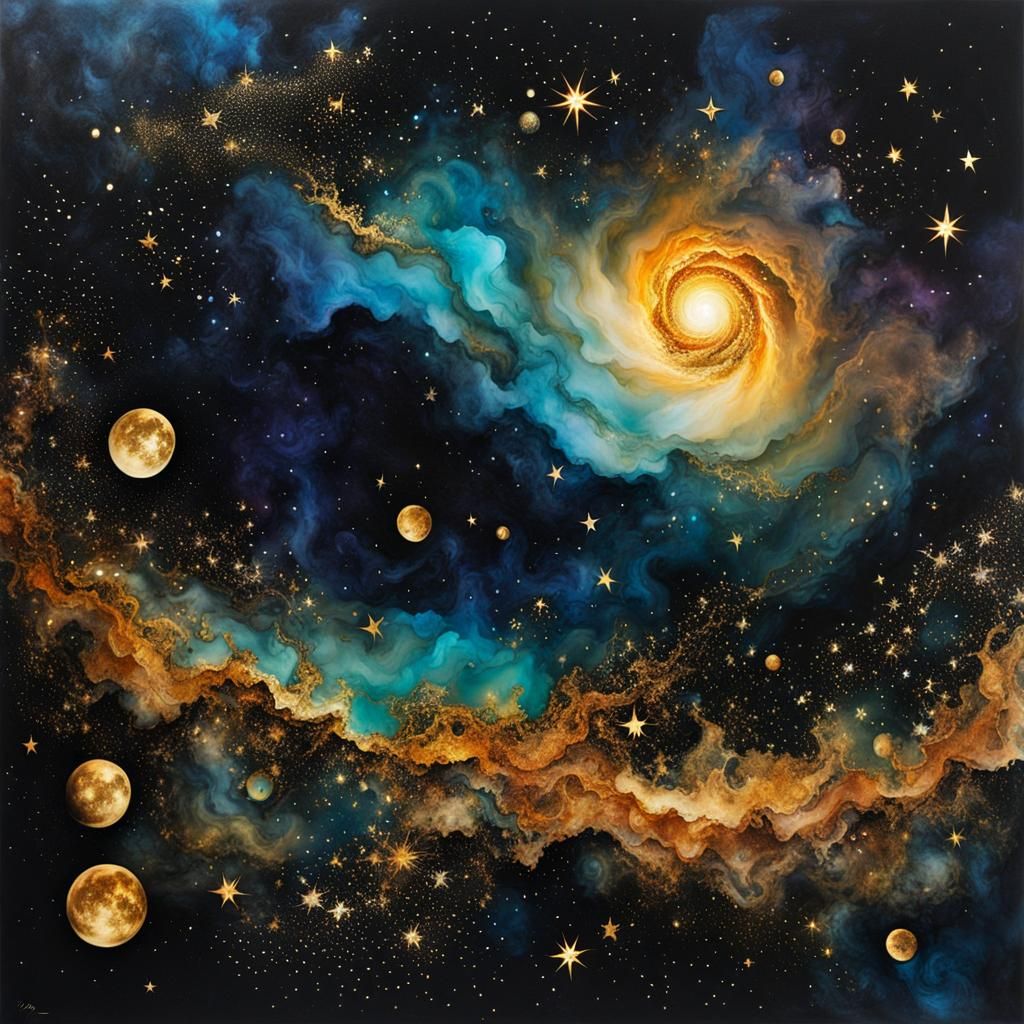 Luminous Galaxy with Gold Embellishments in Alcohol Ink